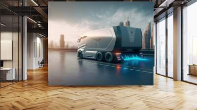 Self driving futuristic freight truck deliver goods to warehouse on city highway road with advanced scanning sensor for safety and speed control . Sublime Generative AI image . Wall mural