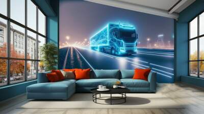 Self driving futuristic freight truck deliver goods to warehouse on city highway road with advanced scanning sensor for safety and speed control . Sublime Generative AI image . Wall mural