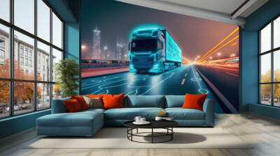 Self driving futuristic freight truck deliver goods to warehouse on city highway road with advanced scanning sensor for safety and speed control . Sublime Generative AI image . Wall mural