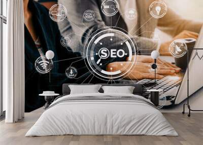 SEO - Search Engine Optimization for Online Marketing Concept. Modern interface showing symbol of keyword research website promotion by optimize customer searching and analyze market strategy. uds Wall mural