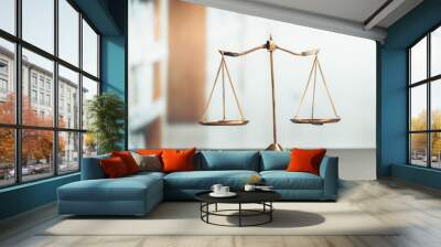 Shiny golden balanced scale in court library background as concept justice and fairness legal symbol. Scale balance for righteous and equality judgment by lawyer and attorney. equility Wall mural