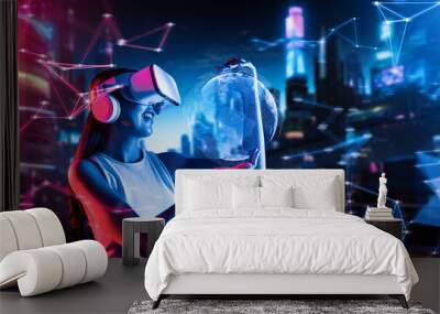 Side of female standing in cyberpunk style building of meta wear VR headset connecting metaverse, future cyberspace community technology, Woman holding 3d hologram globe with two hands. Hallucination. Wall mural