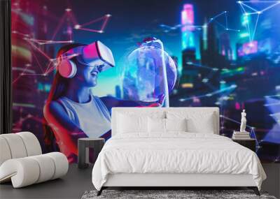 Side of female standing in cyberpunk style building of meta wear VR headset connecting metaverse, future cyberspace community technology, Woman holding 3d hologram globe with two hands. Hallucination. Wall mural