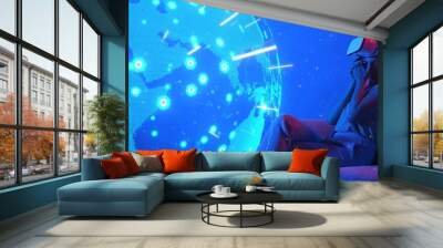 Siting sofa surprised of woman using VR headset against digital signal point station network international world map futuristic technology global connectivity 3D digital graphic visual. Hallucination. Wall mural