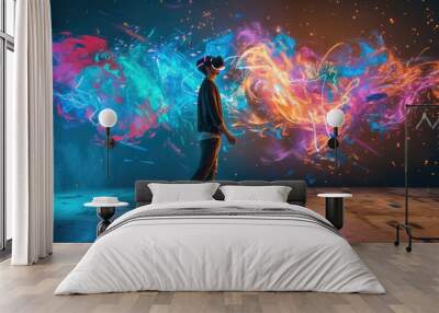 Skilled creative artist using VR glasses painting futuristic digital art at wall. Professional graphic designer making street art by using visual reality goggle with vibrant colorful color. AIG42. Wall mural