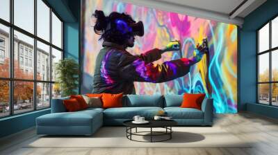 Skilled creative artist using VR glasses painting futuristic digital art at wall. Professional graphic designer making street art by using visual reality goggle with vibrant colorful color. AIG42. Wall mural