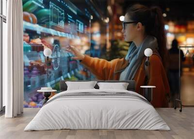 Skilled people using VR headset to connect in metaverse shopping mall and choosing product. Smart people walking in simulated shopping center while using visual reality goggles. Innovation. AIG42. Wall mural