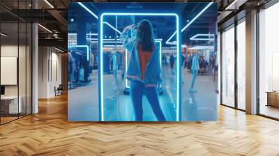 Skilled people using VR headset to connect in metaverse shopping mall and choosing product. Smart people walking in simulated shopping center while using visual reality goggles. Innovation. AIG42. Wall mural