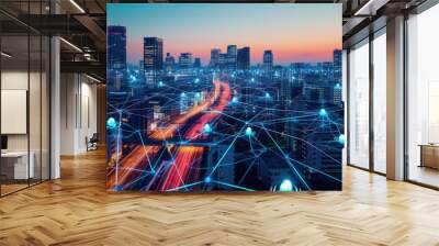 Smart city with connecting network and internet of things digital graphics over the skyline AIG41 Wall mural