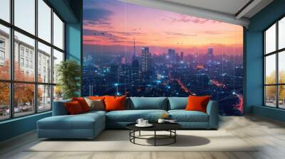 Smart city with connecting network and internet of things digital graphics over the skyline AIG41 Wall mural