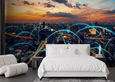 Smart digital city with globalization abstract graphic showing connection network . Concept of future 5G smart wireless digital city and social media networking systems . Wall mural