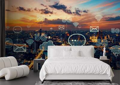 Smart digital city with globalization abstract graphic showing connection network . Concept of future 5G smart wireless digital city and social media networking systems . Wall mural