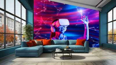 Smart female standing in cyberpunk style building in meta wear VR headset connecting metaverse, future cyberspace community technology, Elegant woman using fingers touch virtual object. Hallucination. Wall mural