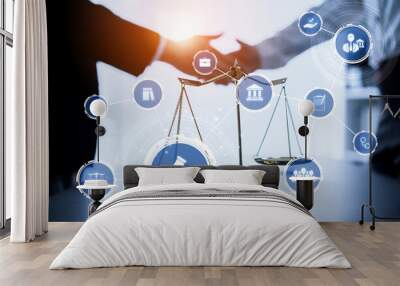 Smart law, legal advice icons and lawyer working tools in the lawyers office showing concept of digital law and online technology of astute law and regulations . Wall mural