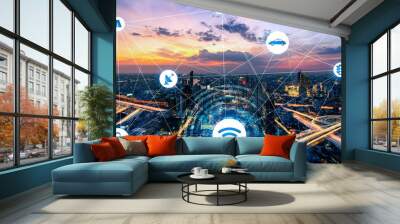 Smart transport technology concept for future car traffic on road . Virtual intelligent system makes digital information analysis to connect data of vehicle on city street . Futuristic innovation . Wall mural