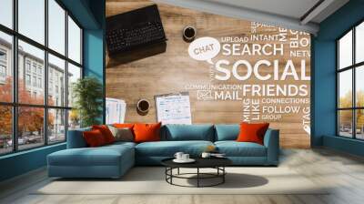 Social media and young people network concept. Modern graphic interface showing online social connection network and media channels to engage customer interaction in the digital business. uds Wall mural