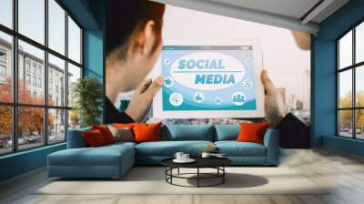 Social media and young people network concept. Modern graphic interface showing online social connection network and media channels to engage customer interaction in the digital business. uds Wall mural