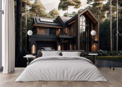 Sofisticated modern European two story house in the woods. Generative AI AIG15. Wall mural