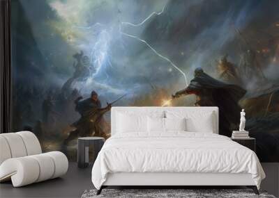 Sorcerer magic battle casting spell against demon. distinct generative AI image. Wall mural