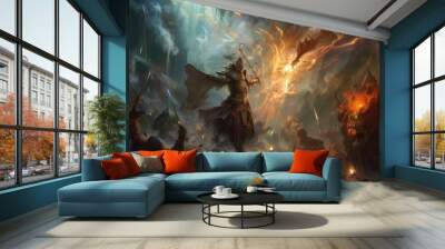 Sorcerer magic battle casting spell against demon. distinct generative AI image. Wall mural