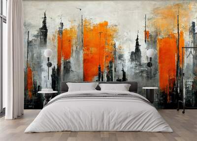 Spectacular abstract cityscape watercolor painting with black and orange color. Digital art 3D illustration. Wall mural