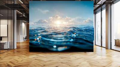 Spectacular abstract image of a scenic calm ocean, sunrise sky reflecting in the water. Sunset and natural. Digital art 3D illustration. Wall mural