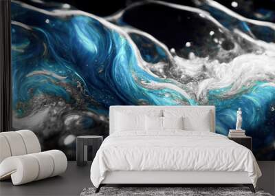 Spectacular abstract image of blue and silver liquid ink churning together, with a realistic texture, gaudy and great quality. Digital art 3D illustration. Wall mural