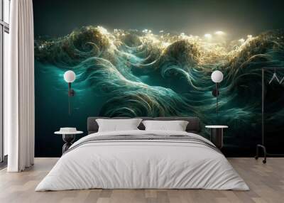 Spectacular abstract of silk is shaped like underwater wave, and light from above shines through the edges to make them glow. Digital art 3D illustration. Wall mural