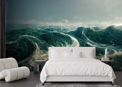 Spectacular abstract scene of an ocean tidal wave with a horizontal and clear sky in the background. Digital art 3D illustration. Wall mural