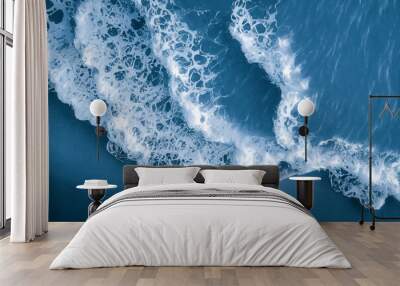 Spectacular aerial top view background photo of ocean sea water white wave splashing in the deep sea. Drone photo backdrop of sea wave in bird eye waves. Wall mural