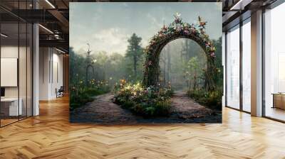 Spectacular archway covered with vine in the middle of fantasy fairy tale forest landscape, misty on spring time. Digital art 3D illustration. Wall mural