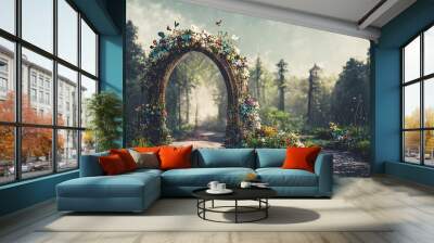 Spectacular archway covered with vine in the middle of fantasy fairy tale forest landscape, misty on spring time. Digital art 3D illustration. Wall mural