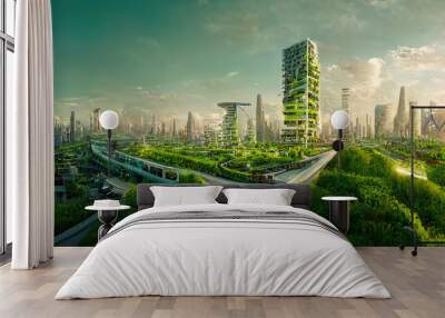 Spectacular eco-futuristic cityscape full with greenery, skyscrapers, parks, and other manmade green spaces in urban area. Green garden in modern city. Digital art 3D illustration. Wall mural