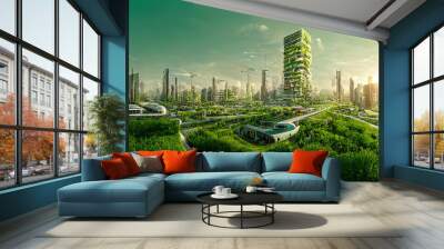 Spectacular eco-futuristic cityscape full with greenery, skyscrapers, parks, and other manmade green spaces in urban area. Green garden in modern city. Digital art 3D illustration. Wall mural