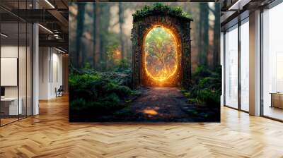 Spectacular fantasy scene with a portal archway covered in creepers. In the fantasy world, ancient magical stone gate show another dimension. Digital art 3D illustration. Wall mural