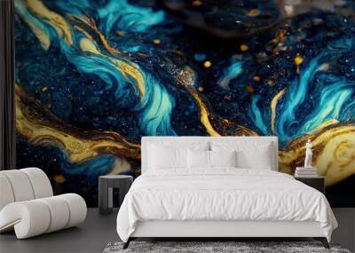 Spectacular image of blue liquid ink churning together , with a realistic texture and great quality. Digital art 3D illustration. Wall mural