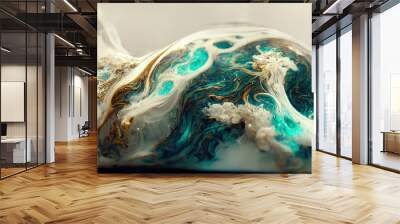 Spectacular image of teal and white liquid ink churning together, with a realistic texture and great quality for abstract concept. Digital art 3D illustration. Wall mural