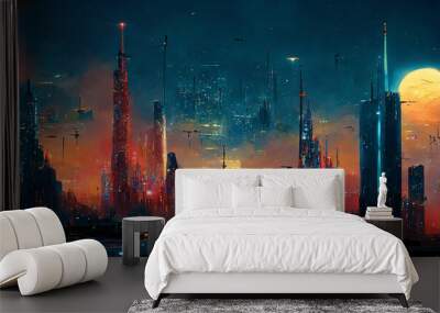 Spectacular nighttime in cyberpunk city of the futuristic fantasy world features skyscrapers, flying cars, and neon lights. Digital art 3D illustration. Acrylic painting. Wall mural