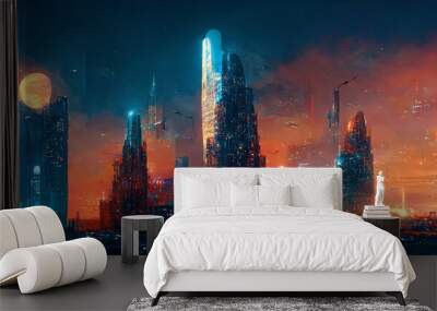 Spectacular nighttime in cyberpunk city of the futuristic fantasy world features skyscrapers, flying cars, and neon lights. Digital art 3D illustration. Acrylic painting. Wall mural