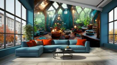 Spectacular picture of interior of a fantasy medieval cottage, full with plants furniture and enchanted light. Digital art 3D illustration. Wall mural