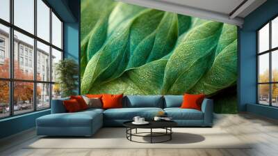 Spectacular realistic detailed veins and a vivid green coloration are revealed in this abstract close-up of green leaf. Digital 3D illustration. Macro Wall mural