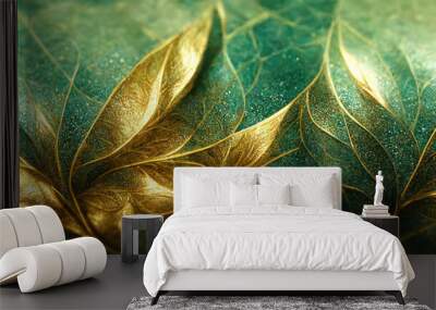 Spectacular realistic detailed veins and half green and gold abstract close-up, leaf covered with gold dust. Digital 3D illustration. Macro artwork. Wall mural