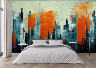 Spectacular watercolor painting of an abstract urban, cityscape, skyscraper scene in orange and teal, grayish smog. Double exposure building. Digital art 3D illustration. Wall mural