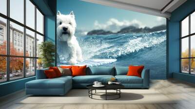 Spectacular west highland white terrie look at camera on surfboard, wave with sea water splashing during summertime on the ocean shore. Dog surfing on the beach. AI generated image. Wall mural