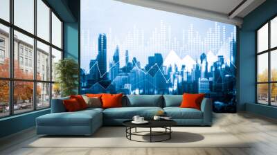 Stock market business concept. Financial graphs and digital indicators with modernistic urban area and skyscrapers as background. Double Exposure. Wall mural