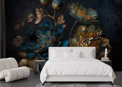 Subtly textured blue and gold painted flowers dark moody background. Generative AI AIG15. Wall mural