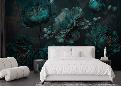 Subtly textured teal painted flowers dark moody background. Generative AI AIG15. Wall mural