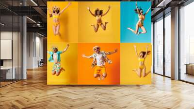 Summer people collection set, diverse people jumping on colorful background, many people funny jump wearing summer outfit fashion ready for swim and summer activity, summertime, beachwear AIG48 Wall mural