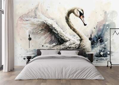 Swan watercolor hand drawn style. distinct generative AI image. Wall mural