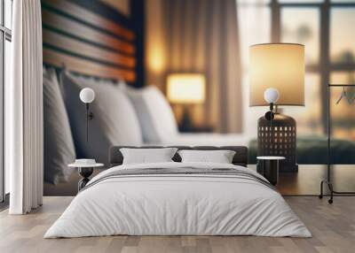 Table-top view of beside table or nightstand on blurred cozy night ambiance at hotel room with bokeh background. Empty wooden table for product display and customization. Flawless Generative AI Wall mural